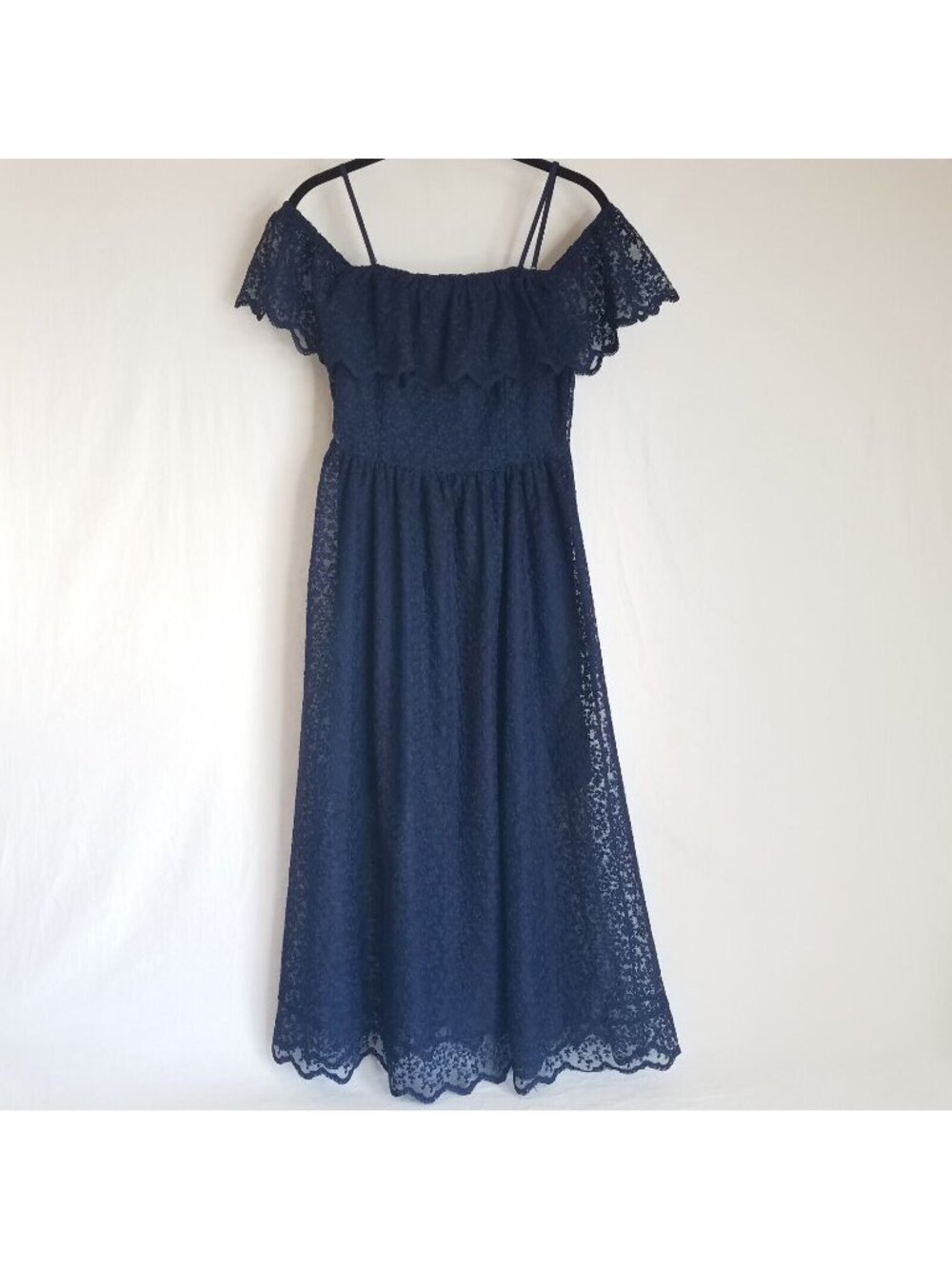 H&M Lace Off Shoulder Midi Dress Navy Blue SIZE 4 Spaghetti Strap Elastic